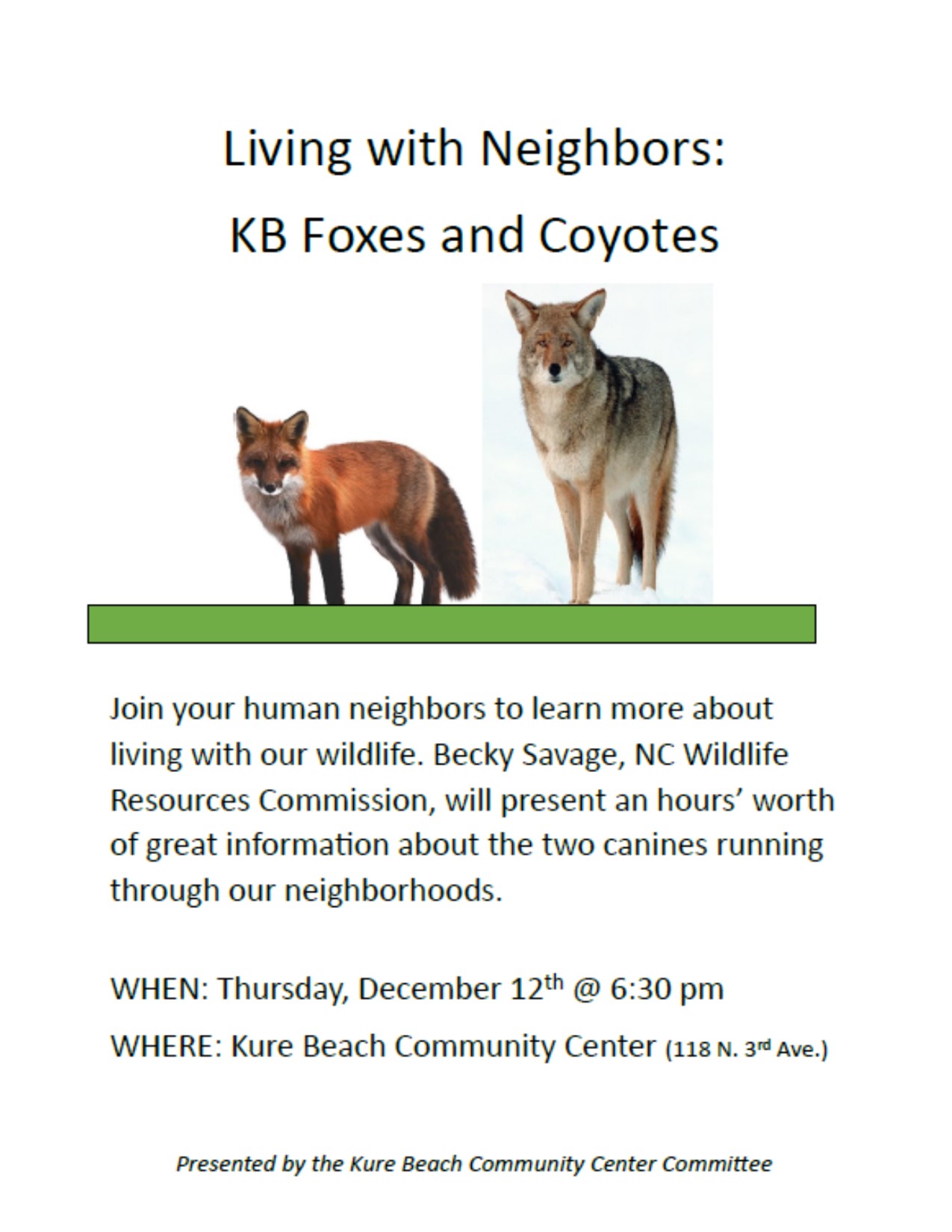 Image of Fox and Coyote with information about an upcoming lecture