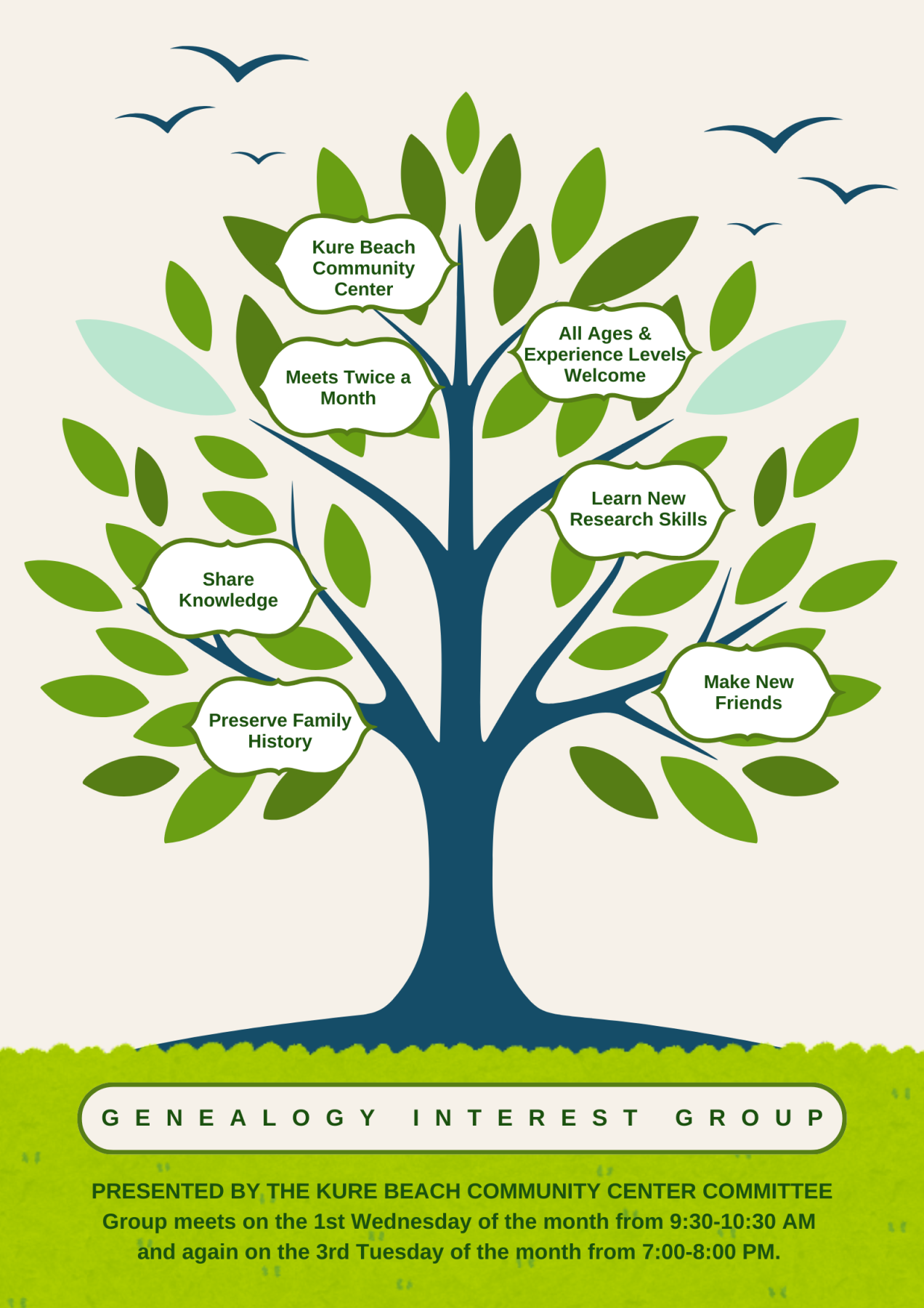 Genealogy Interest Group details with a tree in the background